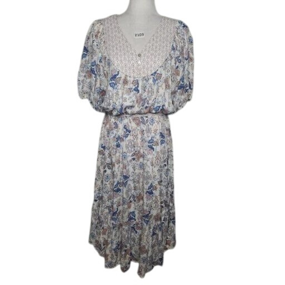 Lucky Brand Midi Dress Women L Blue Floral Paisley Puff Sleeve Boho Ruffle